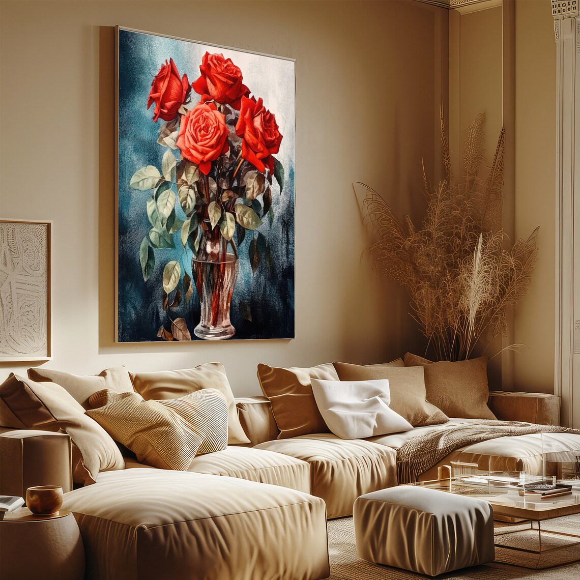 Red Roses Glass Vase Painting Moody Floral Still Life Wall Art - Image 2