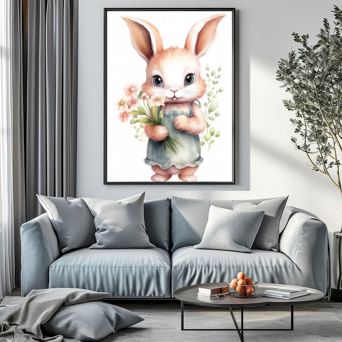 Bunny Holding Flowers Watercolor Painting Nursery Rabbit Baby Wall Art - Image 4