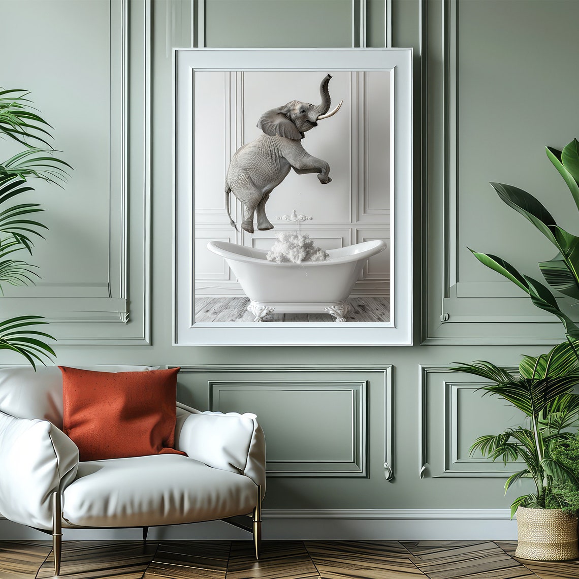 Baby Elephant Jumping Into Bathtub Playful Nursery Animal Poster - Image 4