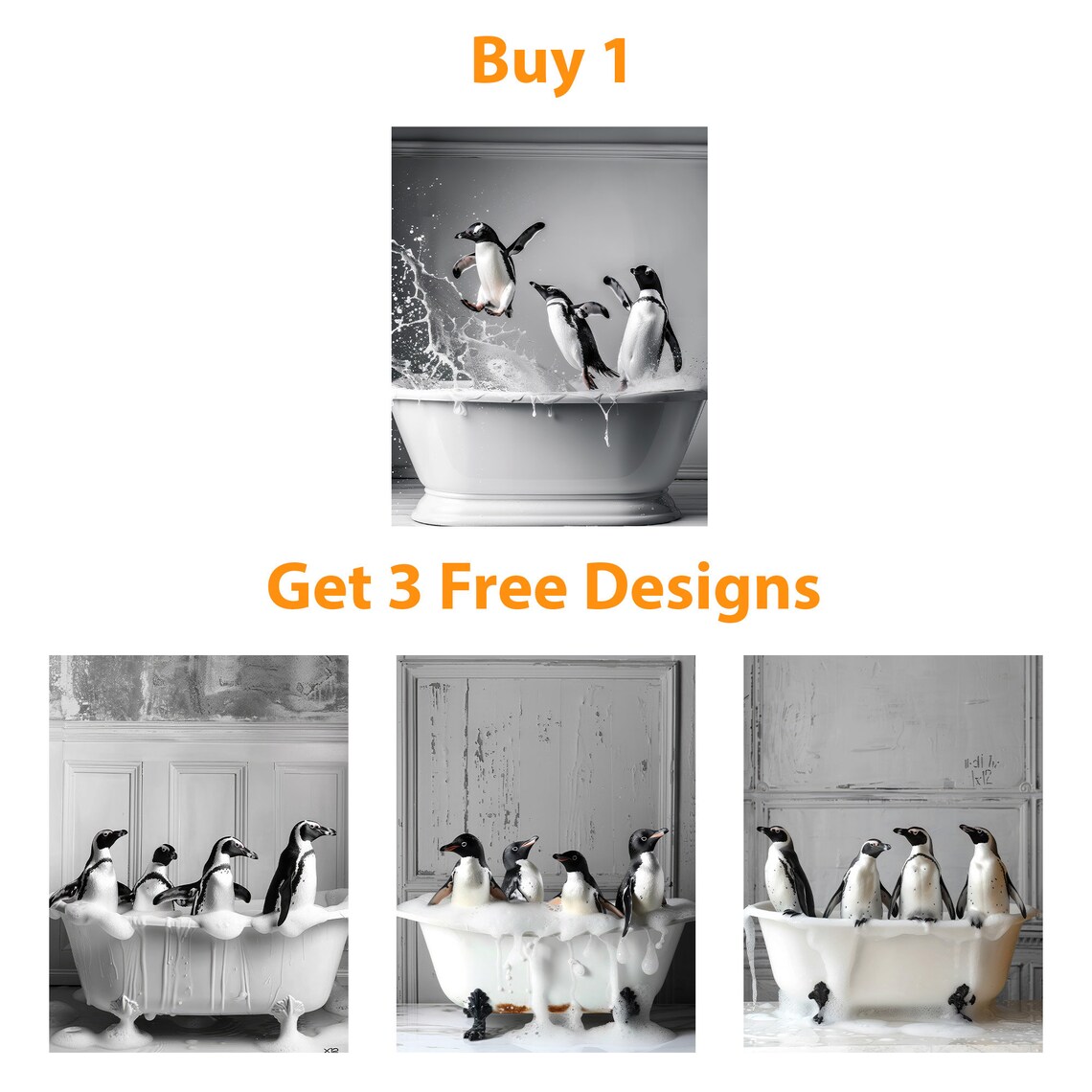 Adorable Penguins In Tub Art Print, Bathroom Decor - Image 6