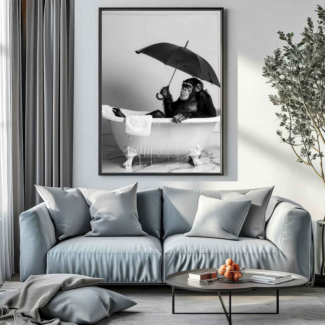 Funny Chimpanzee With Umbrella In Bathtub Black And White Poster - Image 3