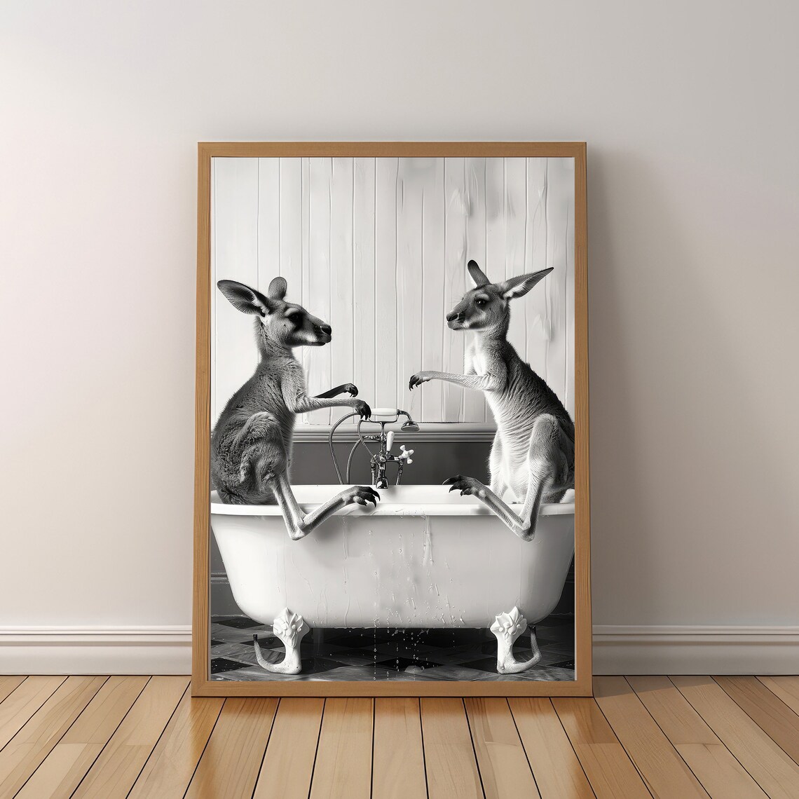 Two Kangaroos Sitting On Bathtub Black And White Funny Poster - Image 5