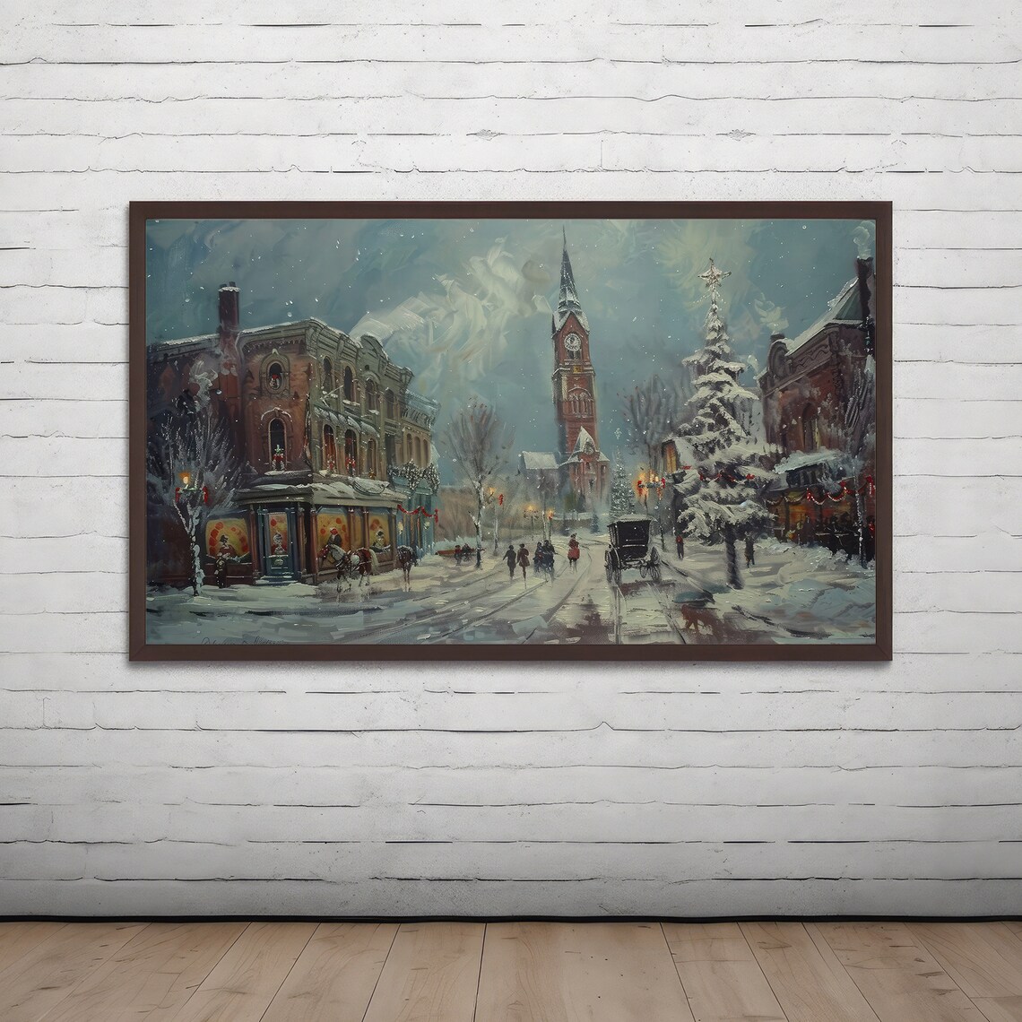 Snowy Vintage Christmas Village Street With Horse Carriages Poster