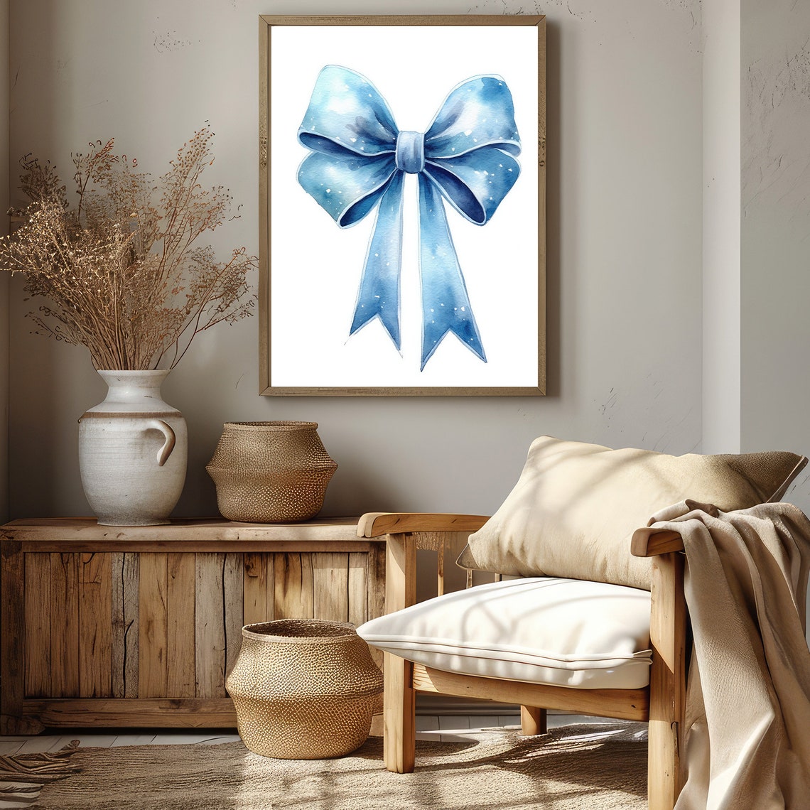 Delicate Blue Watercolor Bow Whimsical Nursery Painting Art Poster - Image 2