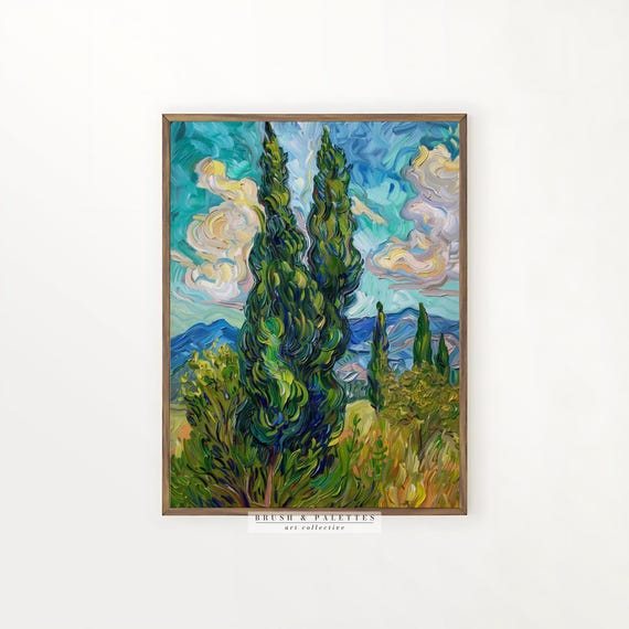 Cypress Trees Field Print Van Goghstyle Landscape Wall Decor Bold Impressionist Art For Bohemian Or Eclectic Homes