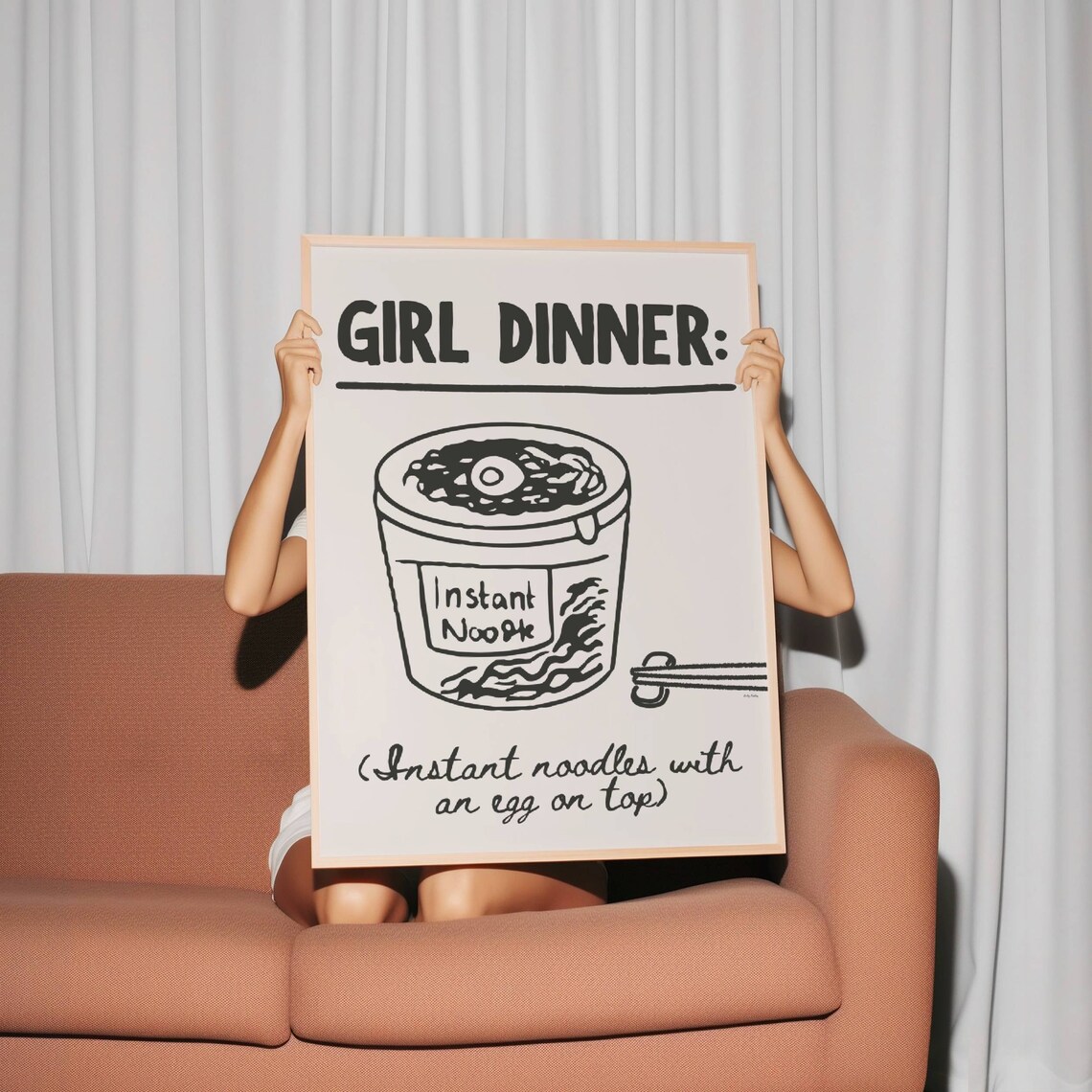 Black Cream Girl Dinner Instant Noodle Cup Minimal Line Art Poster