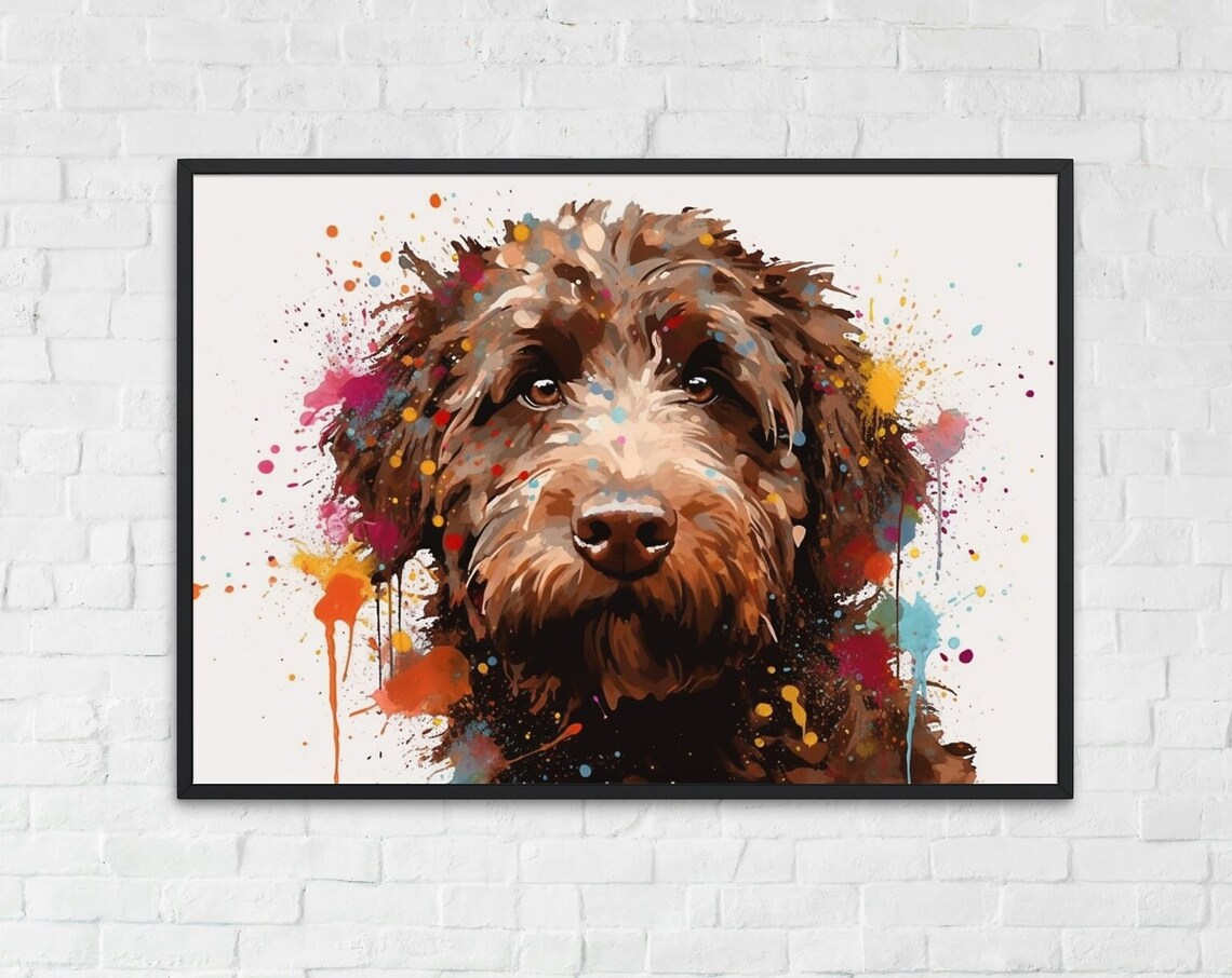 Chocolate Labradoodle Dog Watercolor Portrait Close Up Puppy Poster