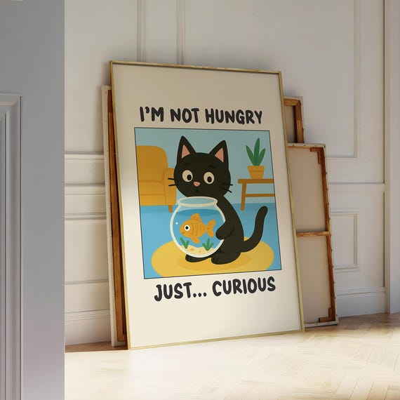 Funny Cat And Fish Tank Poster Aquarium Matisse Playful Lover Wall Art Cute Black Goldfish Print Digital File