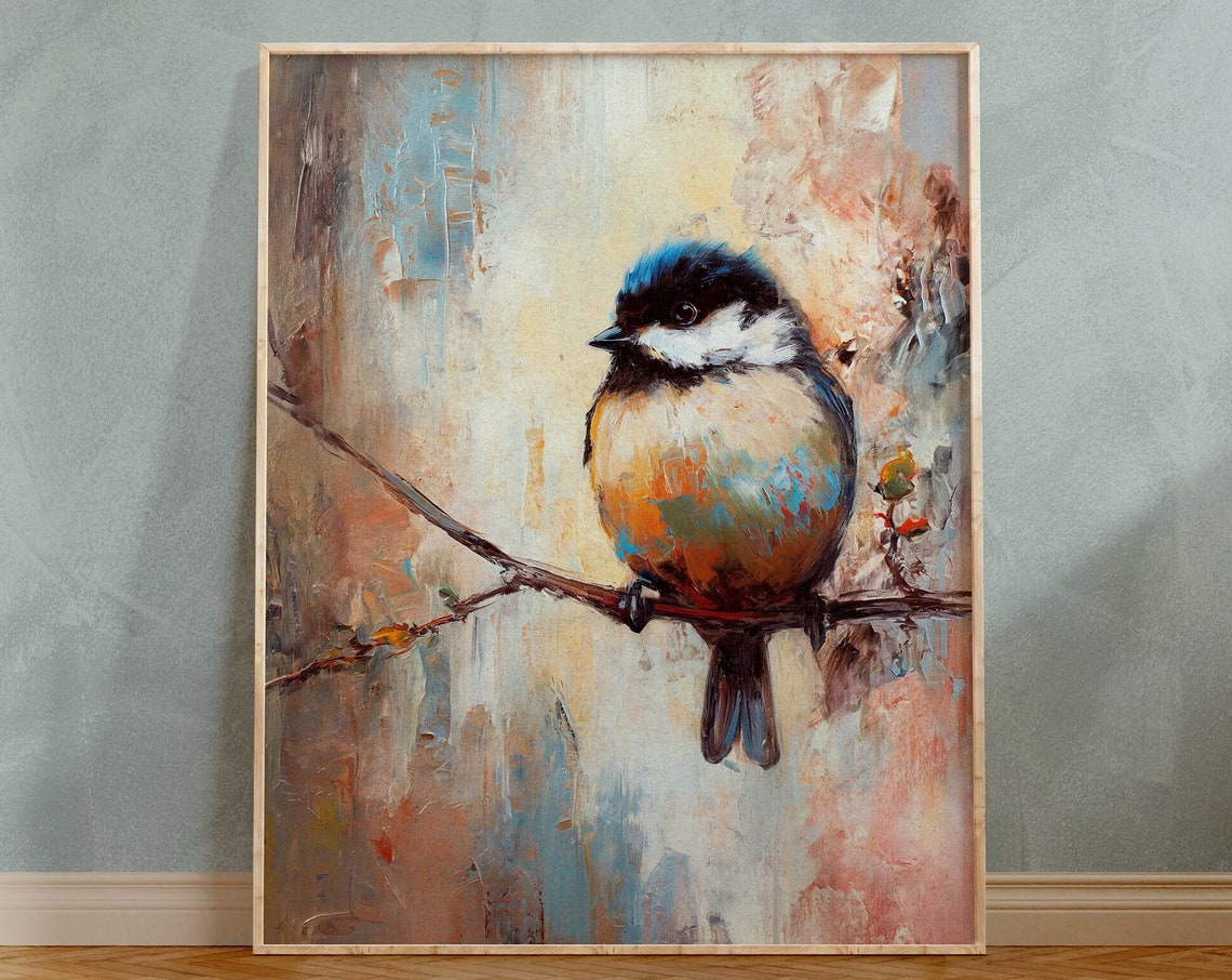 Chickadee on Branch Impressionist Oil Painting Bird Art Poster - Image 6