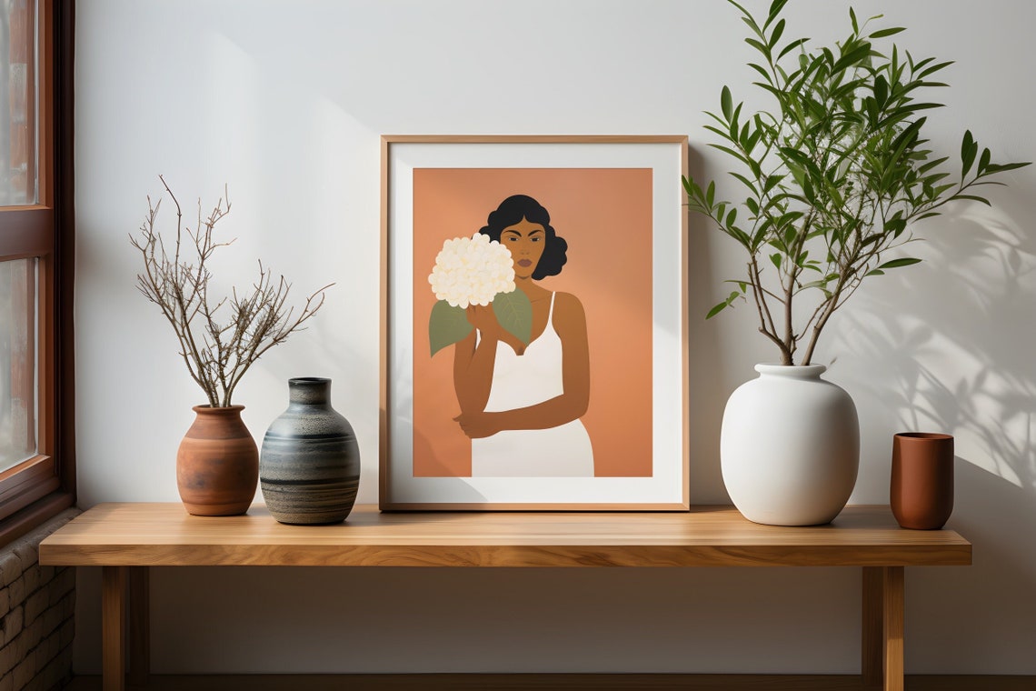 Minimalist Woman Holding White Hydrangea Terracotta Floral Art Poster