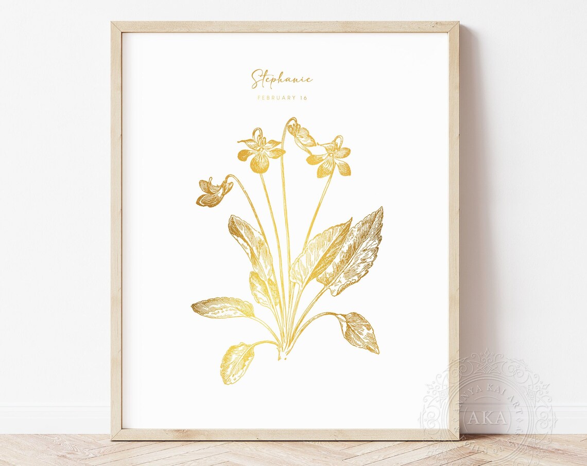 Violet February Birth Flower Gold Botanical Personalized Art Print