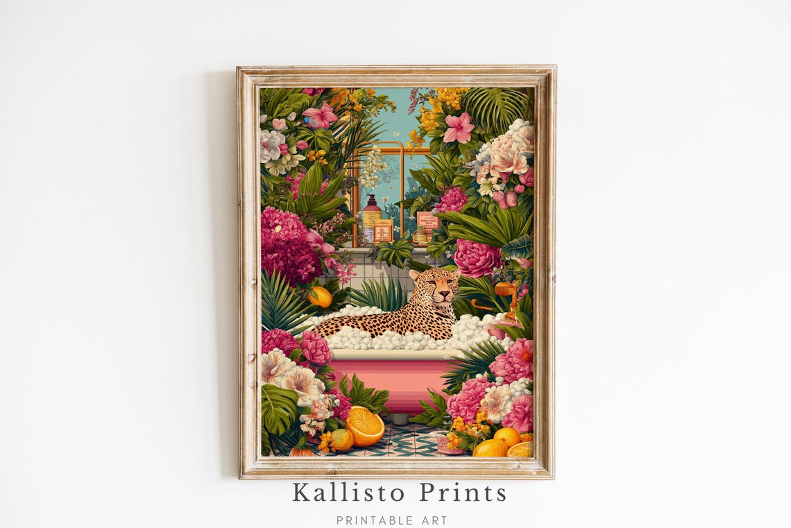 Leopard Bath Jungle Art Print, Tropical Bathroom Decor