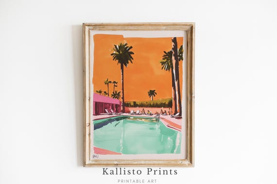 Retro Palm Springs Poolside Print Midcentury Modern Art Vibrant Orange Pink Summer Decor Tree Scene 435