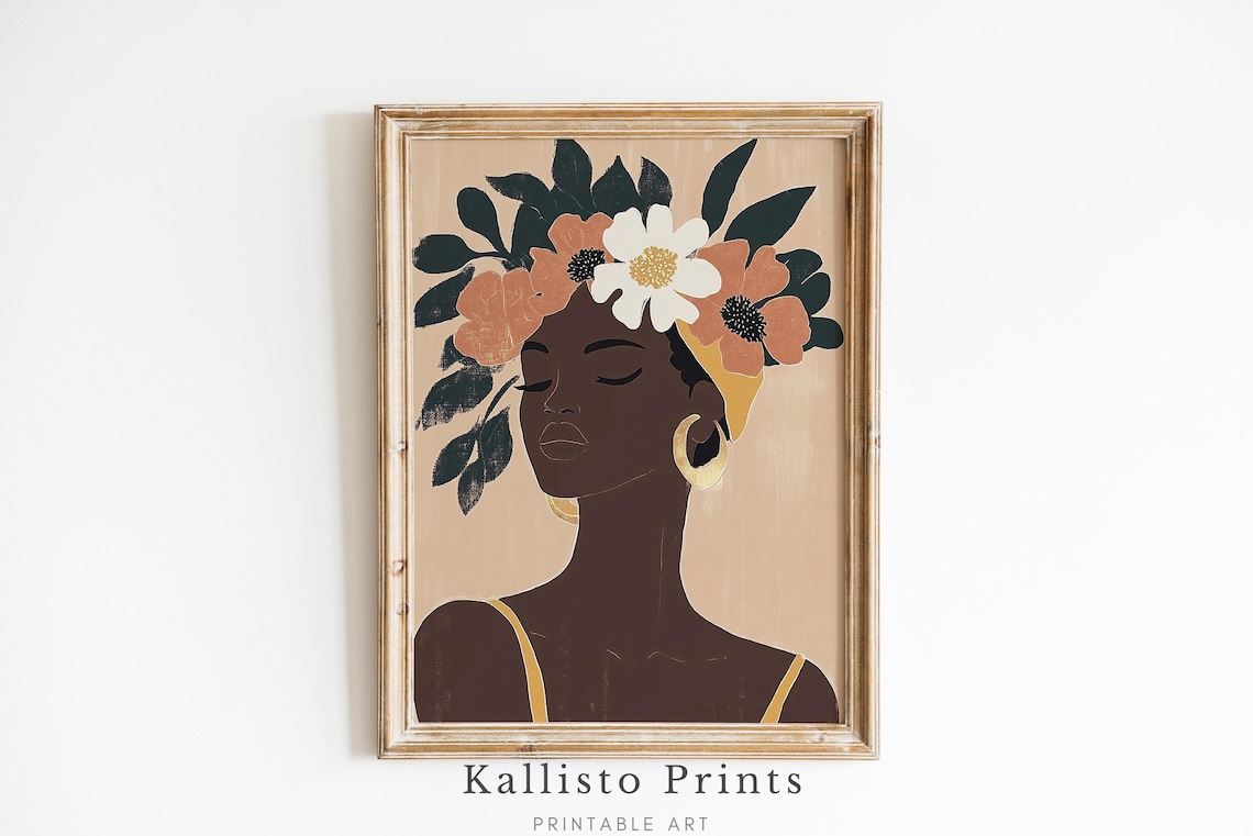 Boho Floral Crown Woman Portrait Warm Minimalist Feminine Wall Art