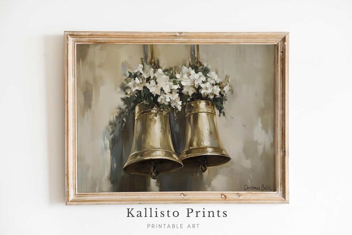 Vintage Brass Christmas Bells White Flowers Oil Painting Poster