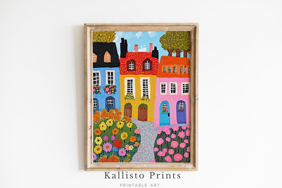 Colorful European Village Art Print Whimsical Cityscape Painting Vibrant Floral Street Scene Folk Download919