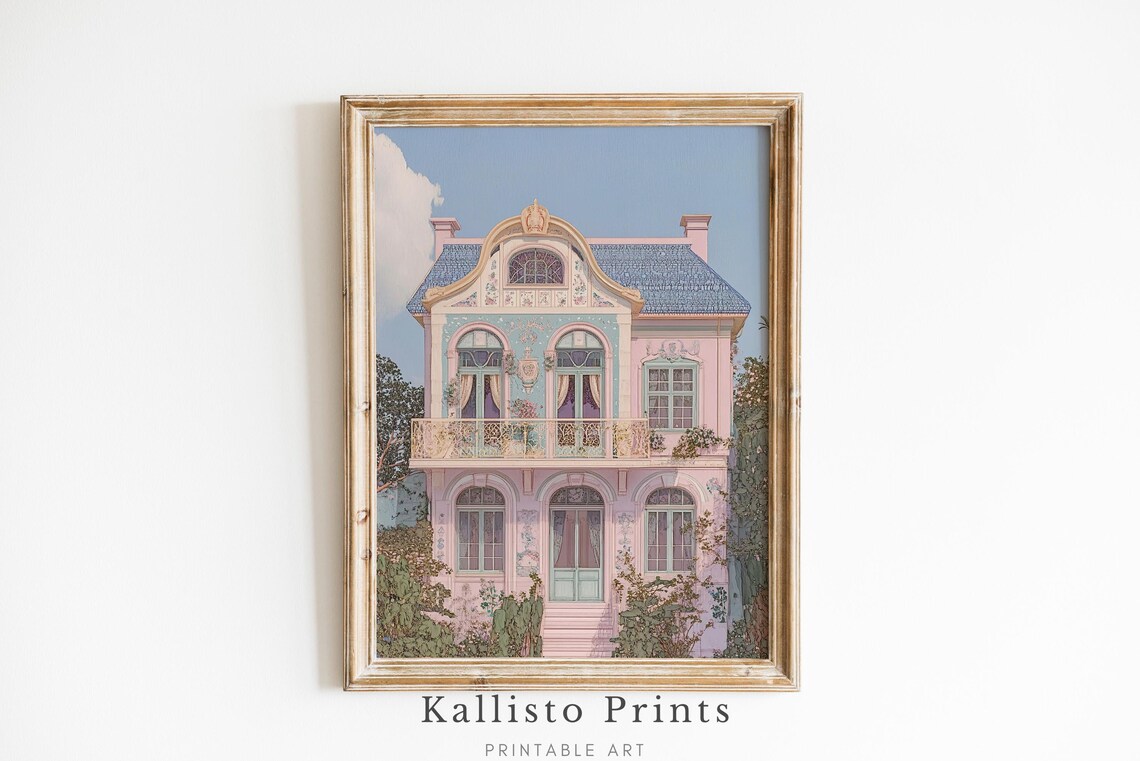 Pink French Chateau Blue Roof Elegant Pastel Parisian Mansion Wall Art