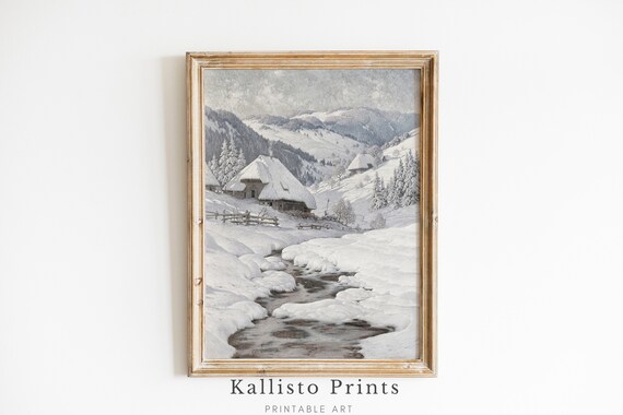 Snowy Alpine Village With Cottages And Winding Stream Winter Poster