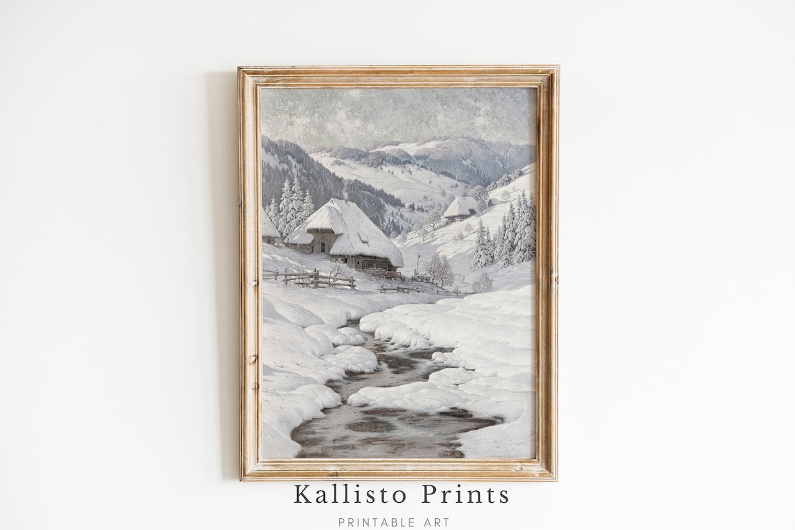 Snowy Alpine Village With Cottages And Winding Stream Winter Poster