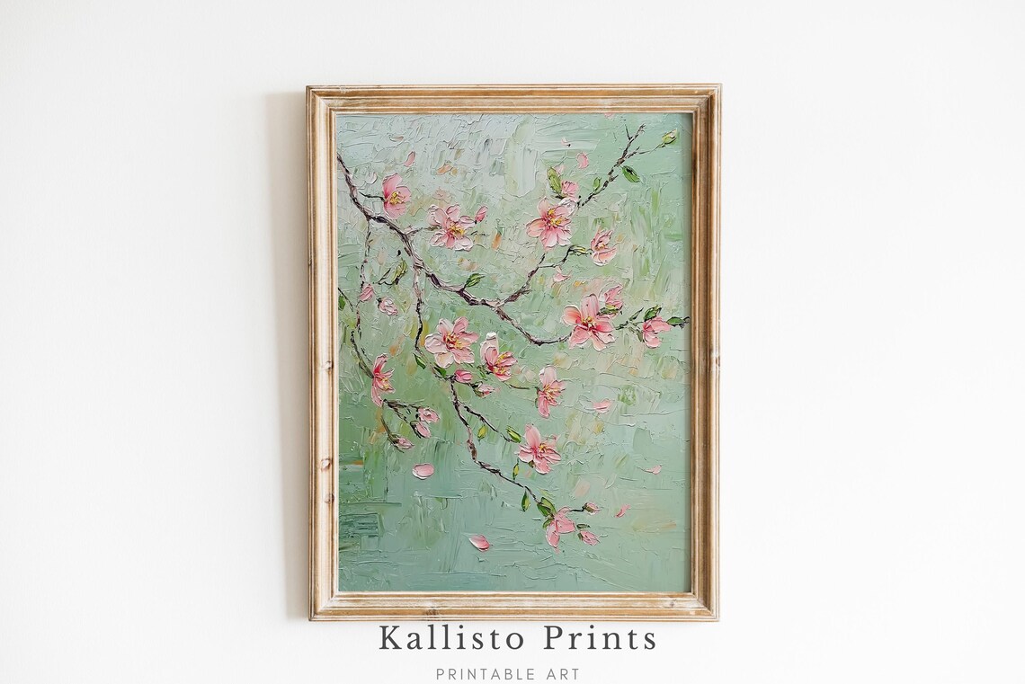 Pink Cherry Blossom Branch Sage Green Textured Oil Painting Wall Art