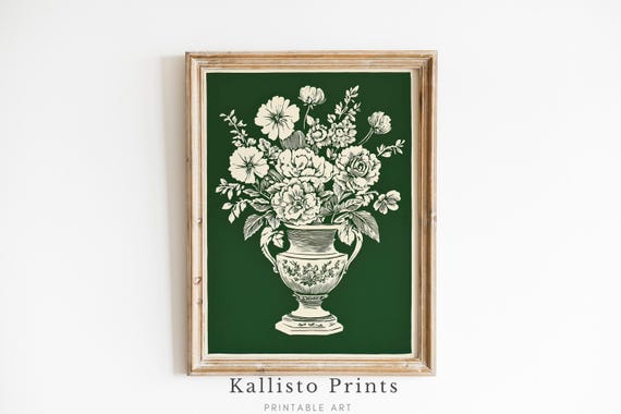 Vintage Floral Vase Wall Art Botanical Illustration Classic Green And White Decor For Home 368