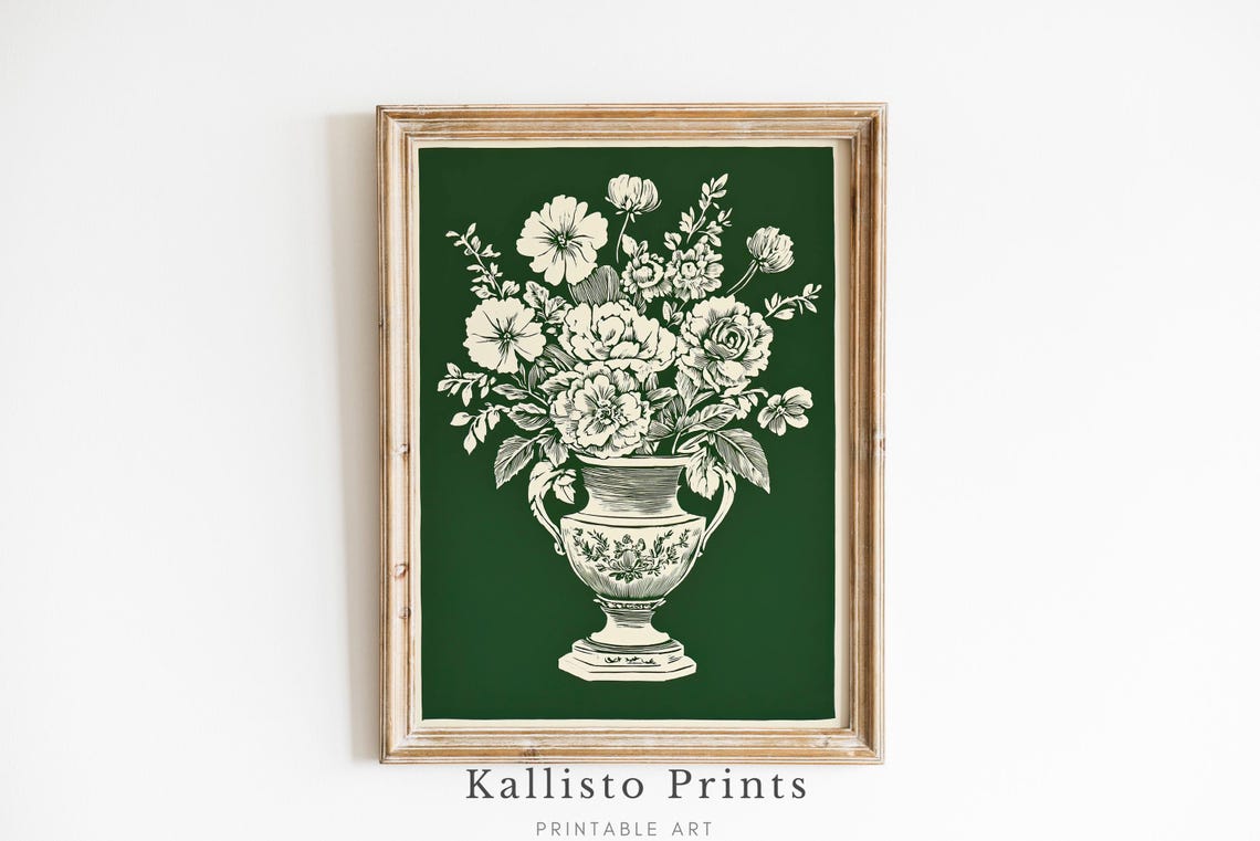 White Floral Vase Green Background Poster Vintage Botanical Line Art