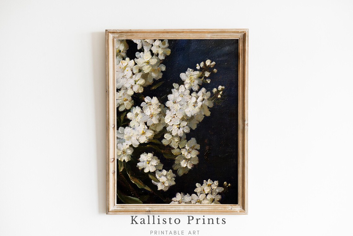 White Blossom Bouquet Dark Background Poster Vintage Floral Oil Art