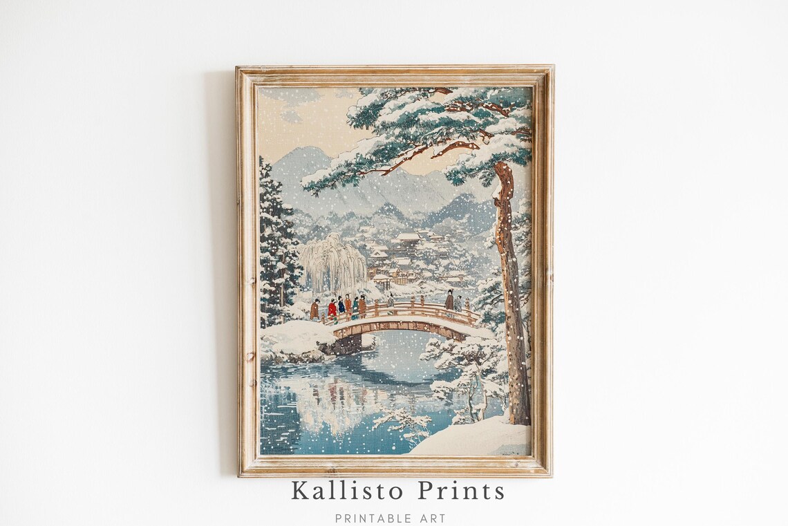Japanese Snowy Village Bridge Poster Winter Scene Traditional Art
