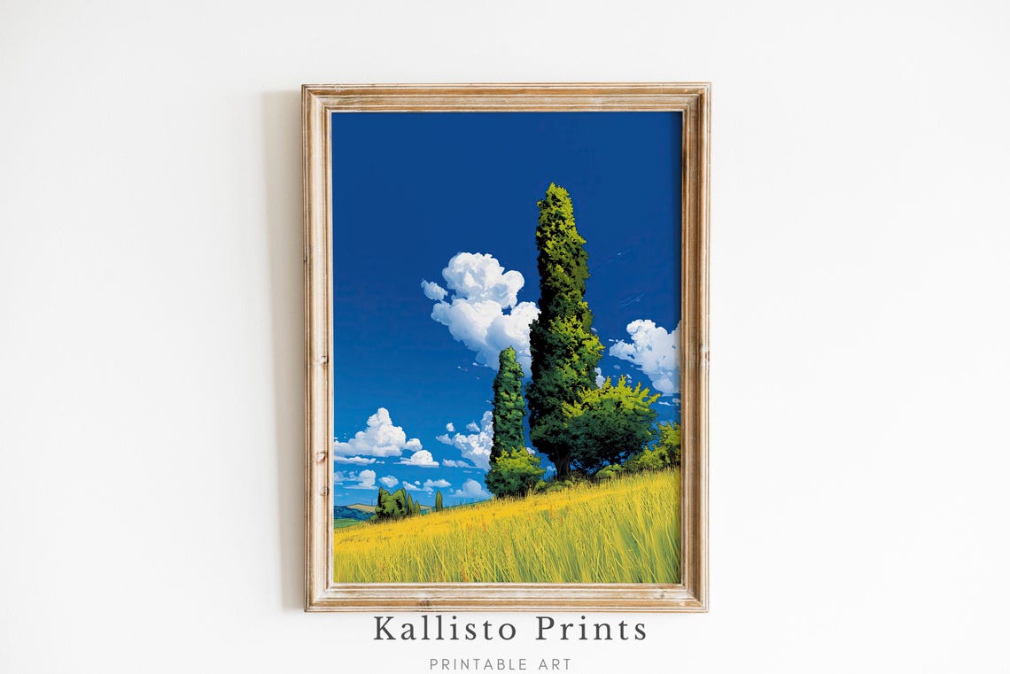 Cypress Tree Golden Field Vivid Blue Sky Italian Anime Style Poster