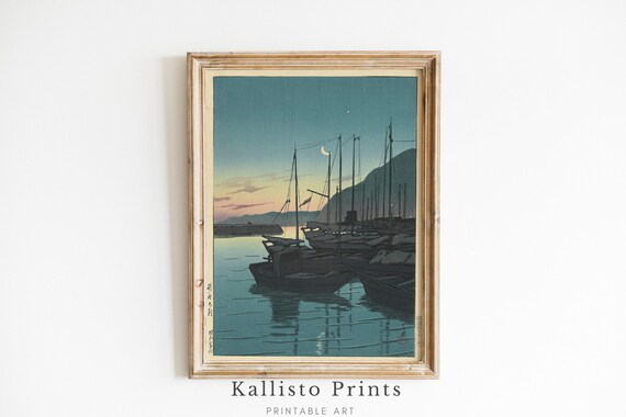 Japanese Woodblock Moonlit Harbor Boats Calm Seascape Art Poster