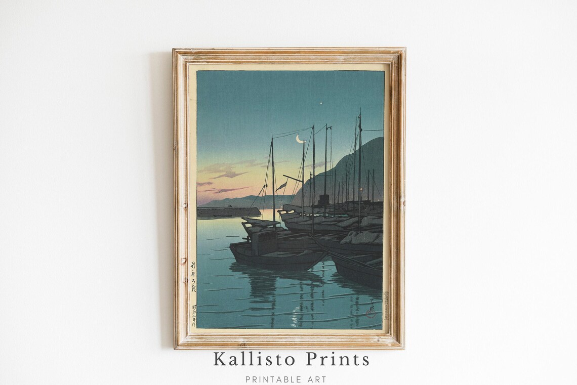 Japanese Woodblock Moonlit Harbor Boats Calm Seascape Art Poster