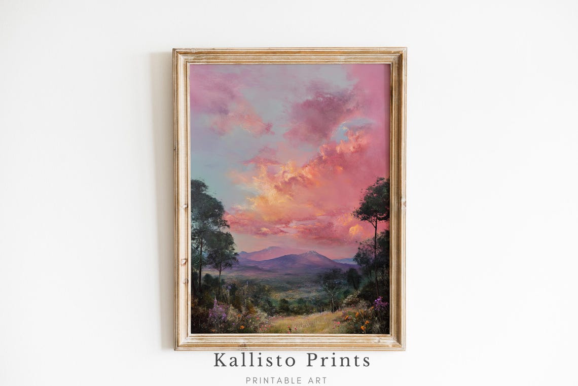Romantic Pink Sunset Mountains Blush Sky Peaceful Landscape Poster
