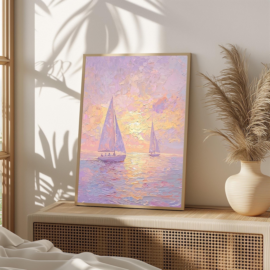 Golden Pastel Sailboats At Sunset Impressionist Seascape Poster