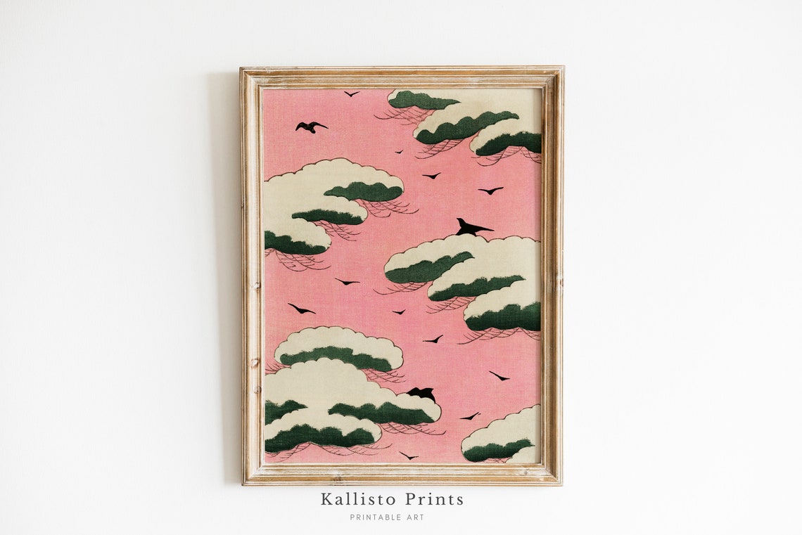 Japanese-Inspired Cloud and Bird Art Print