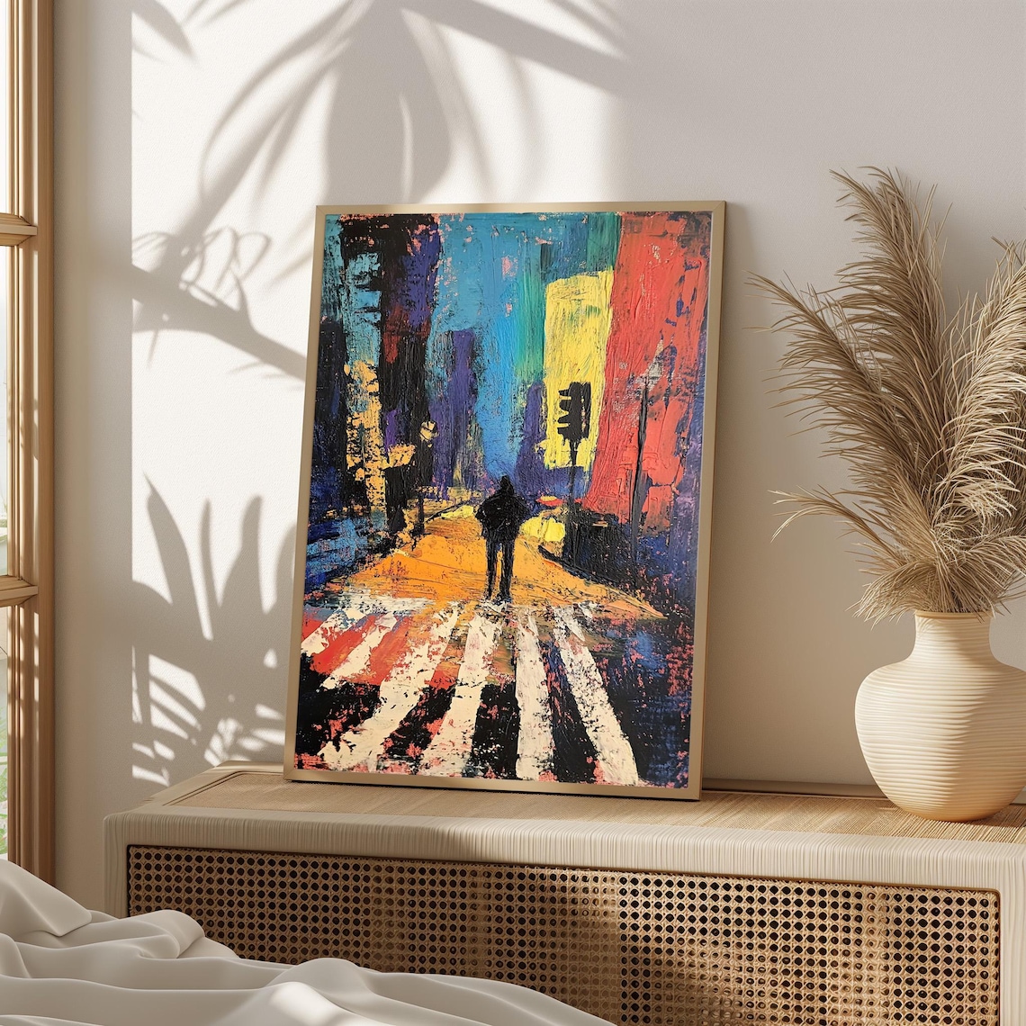 Abstract City Crosswalk Lone Figure Bold Color Painting Poster