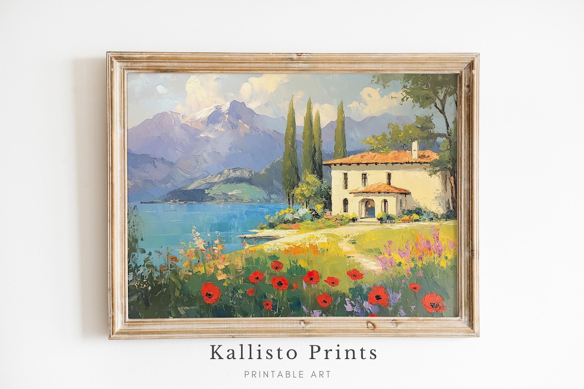 Italian Lakeside Villa Mountain View Red Poppies Landscape Art Poster