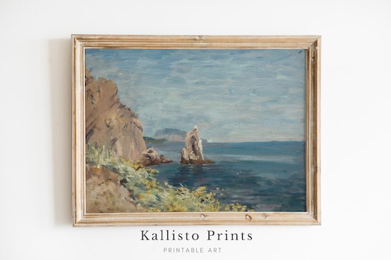 Serene Coastal Cliffs Painting Vintage Seaside Rocks Ocean Poster