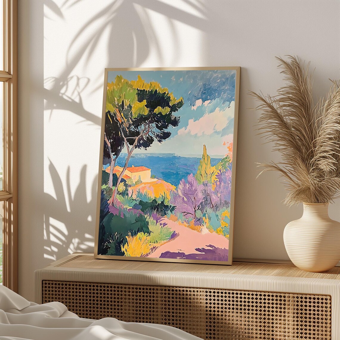 Colorful Coastal Villa Blue Sea Cypress Pine Trees Vibrant Landscape Poster