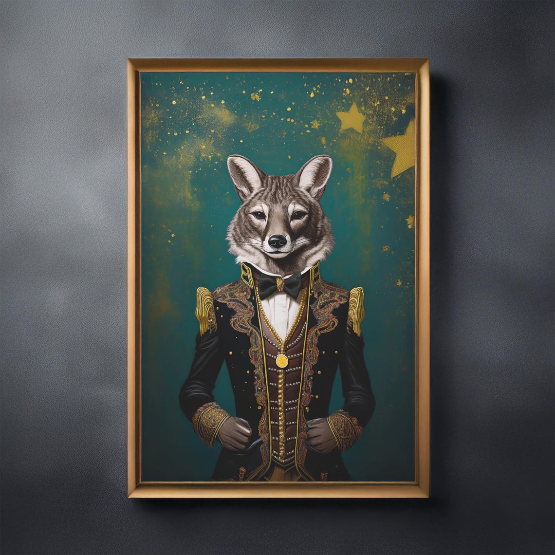 Regal Wolf Formal Uniform Portrait Starry Emerald Wildlife Art Poster
