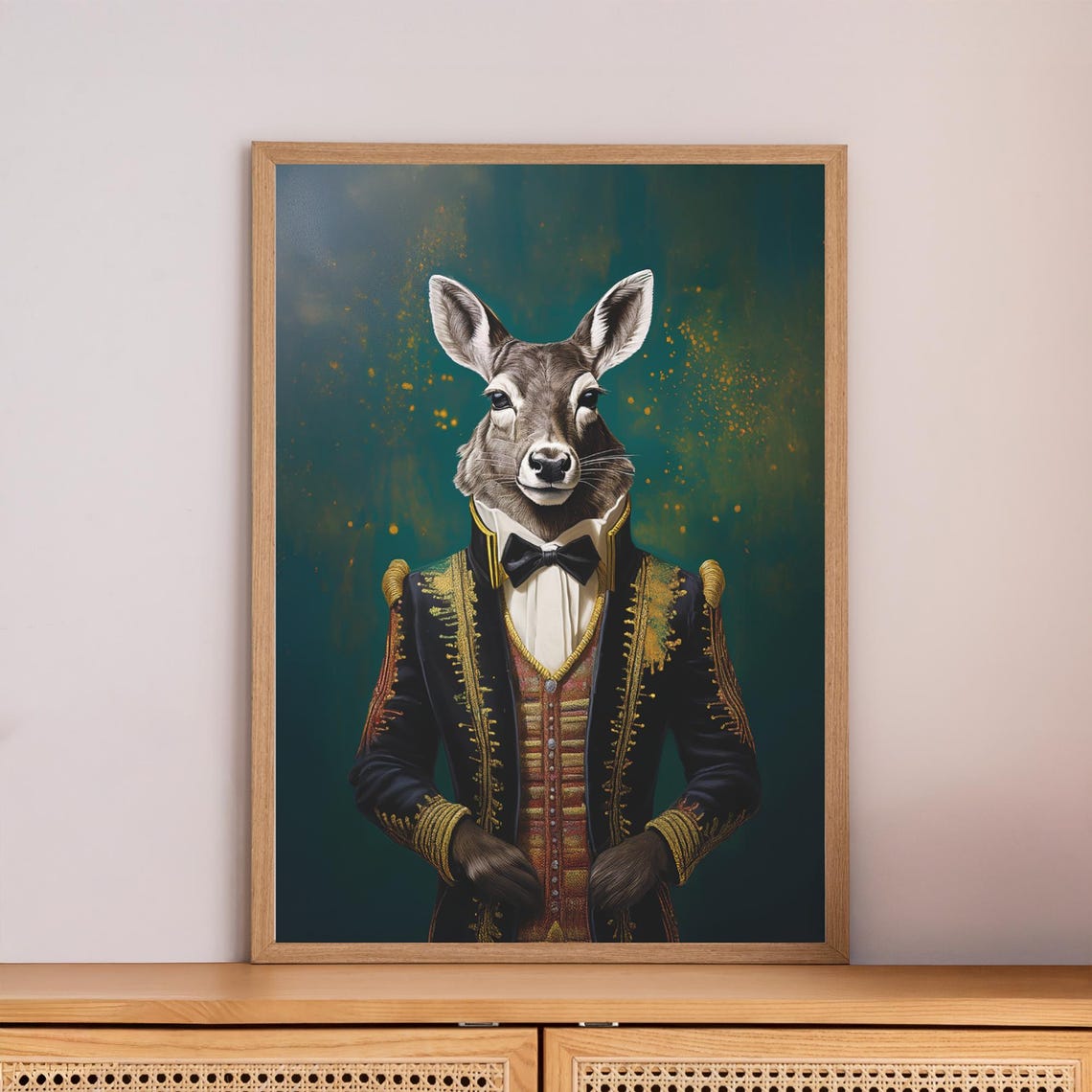Elegant Deer In Black Baroque Coat Gold Embroidery Animal Print