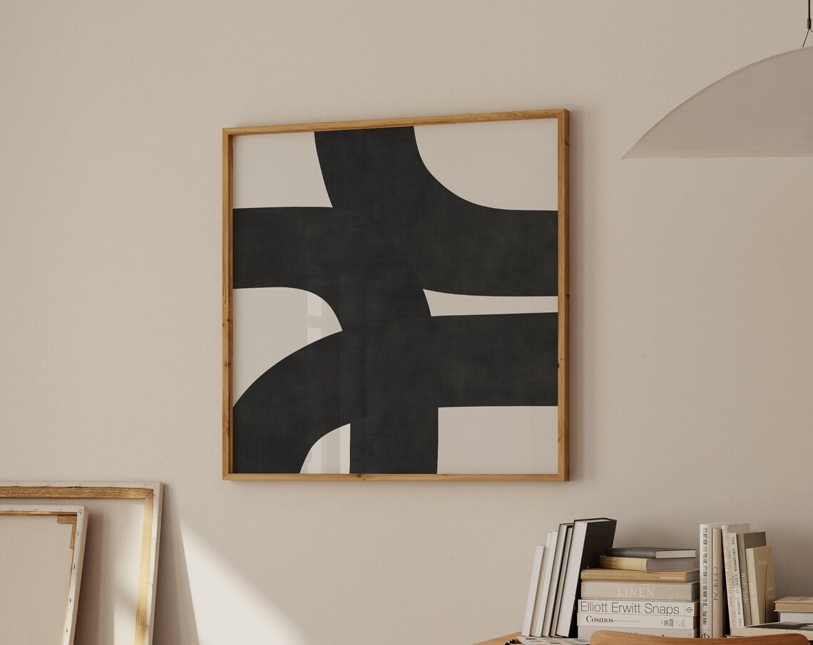 Black and Cream Organic Brush Shapes Square Abstract Art Poster
