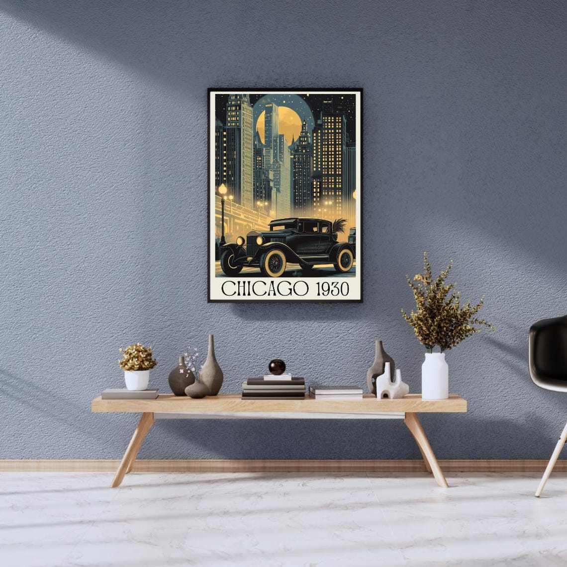 Chicago 1930 Retro Poster with Vintage Car and Night Skyline - Image 3