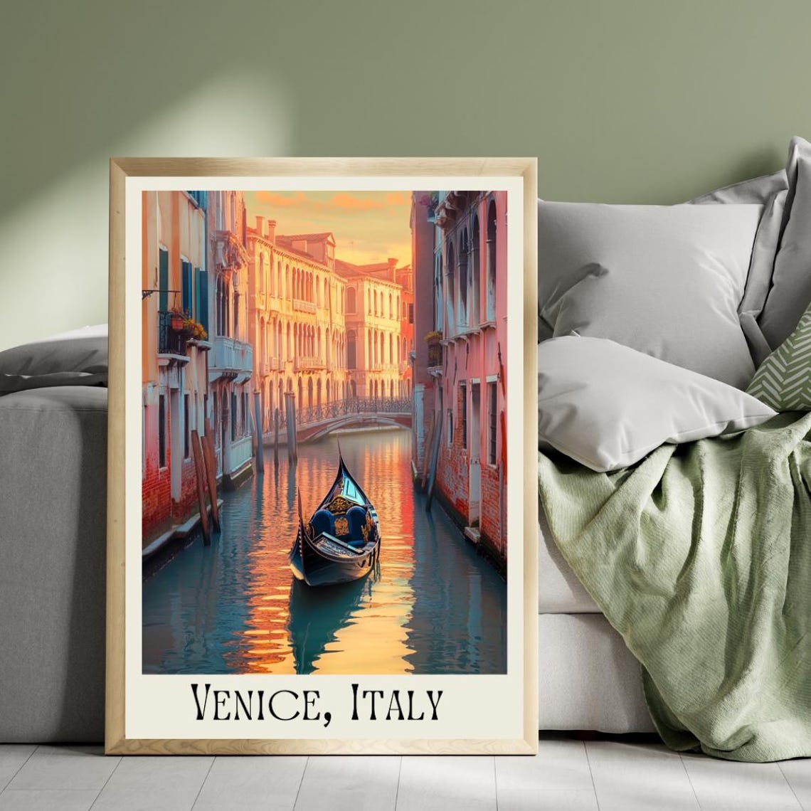 Venice Italy Travel Poster with Gondola Gliding on a Canal at Sunset