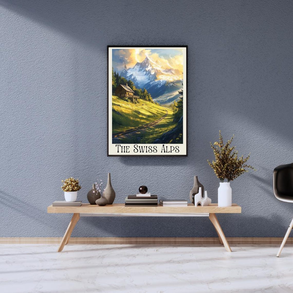 The Swiss Alps Poster with Mountain Cabin and Railway Valley - Image 5