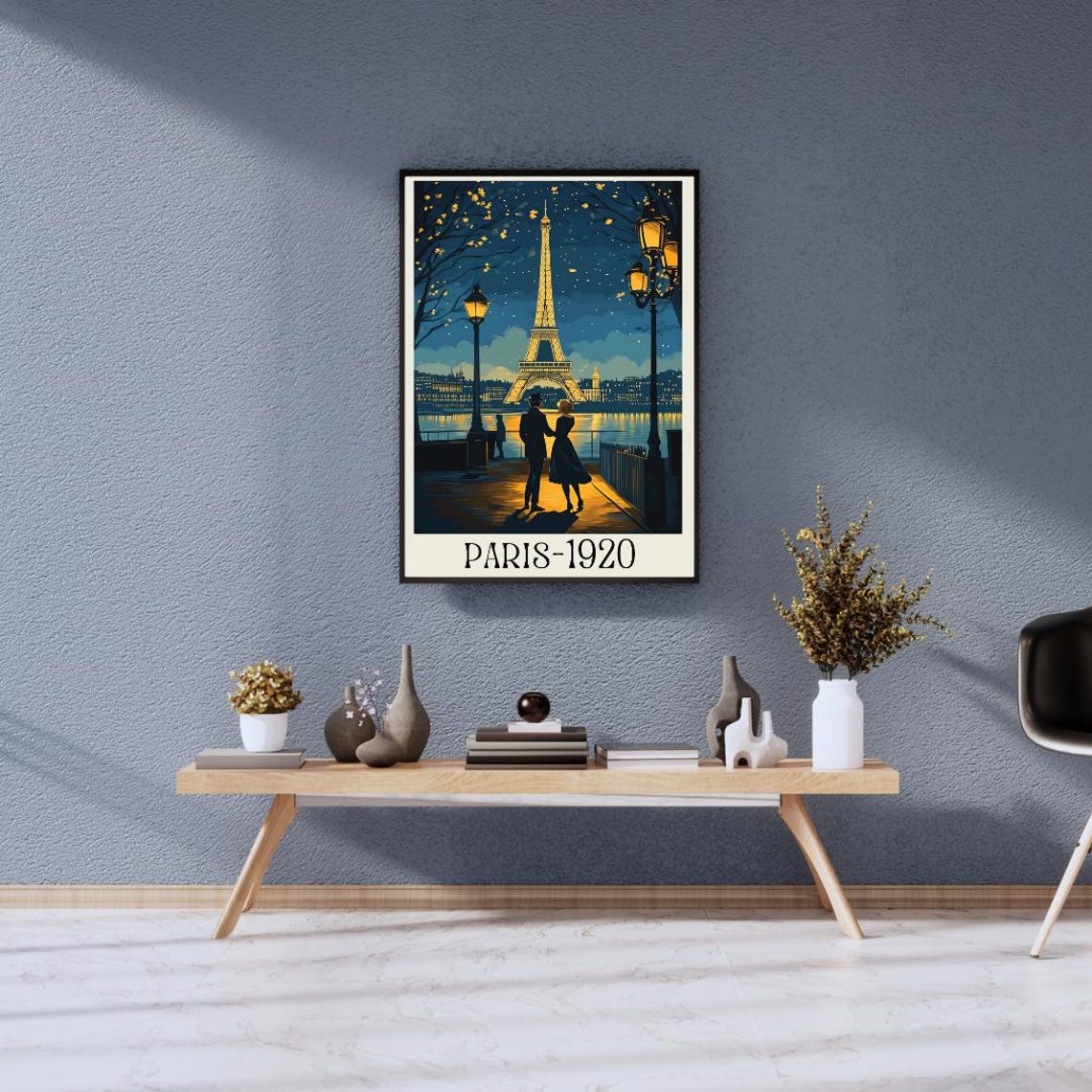 Paris 1920 Retro Poster with Night Eiffel Tower and Strolling Couple - Image 2