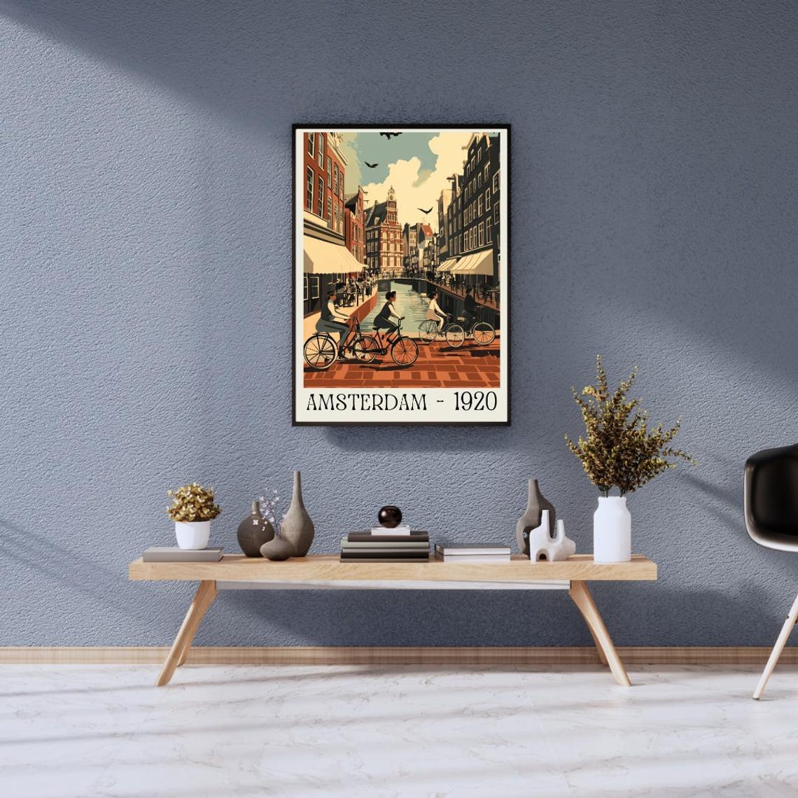 Amsterdam 1920 Poster with Canal Cyclists and Brick Buildings - Image 3