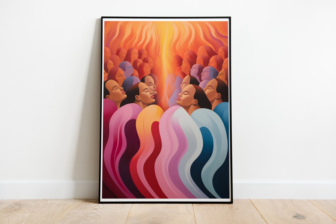 Women Gazing Upward in Warm Sunset Tones Stylized Modern Art Print