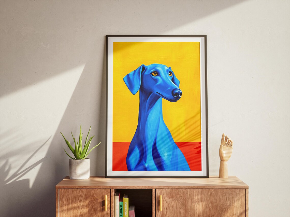 Blue Greyhound Dog Portrait Pop Art Yellow Background Poster - Image 4