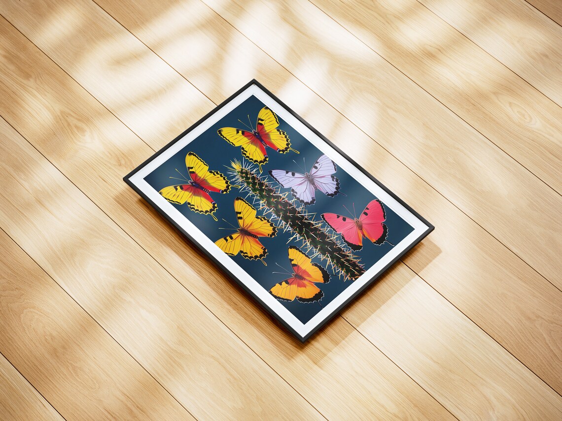 Six Colorful Butterflies Around Green Cactus Dark Teal Art Print - Image 4