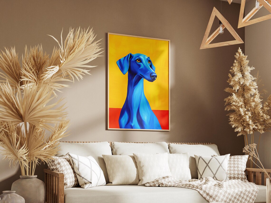 Blue Greyhound Dog Portrait Pop Art Yellow Background Poster - Image 3